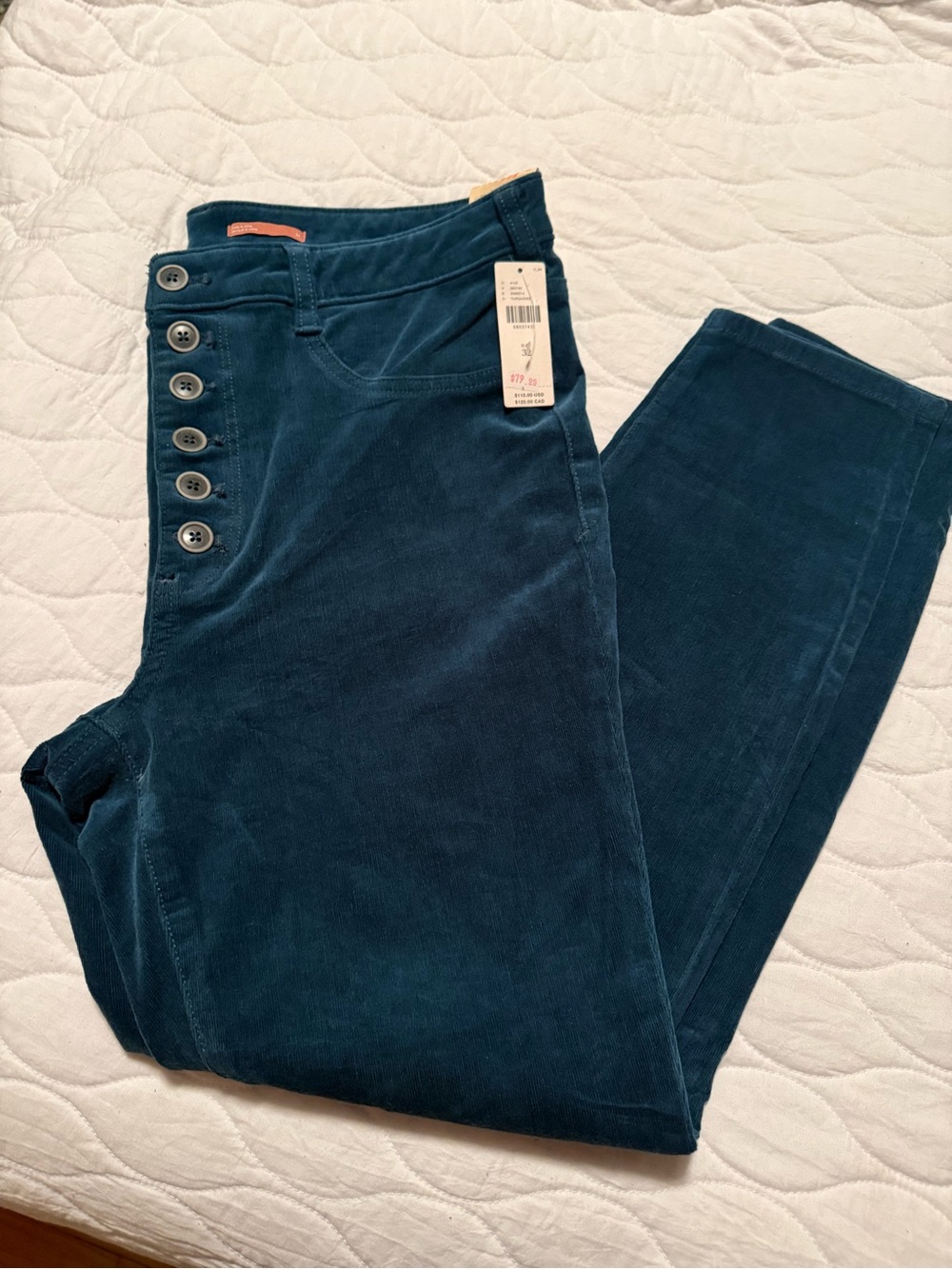 NWT Women’s Pilcro Anthropologie Teal Turquoise Corduroy Button Fly Pants Sz 32